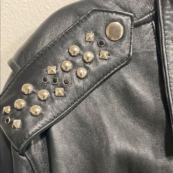Vintage Tannery West Black Leather Studded Biker Moto Jacket Skull Patch Size‎ S - Picture 7 of 16